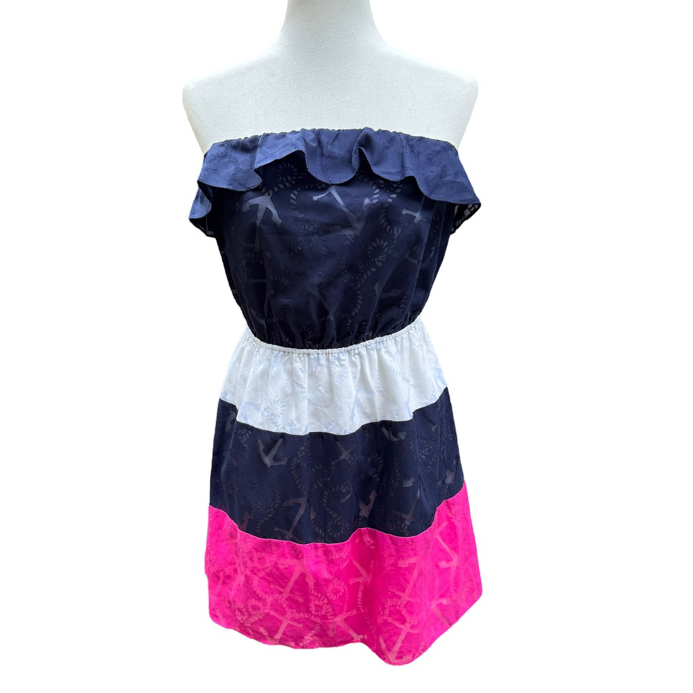 Lilly Pulitzer Libby Strapless Dress M Anchor Print Colorblock Nautical Summer